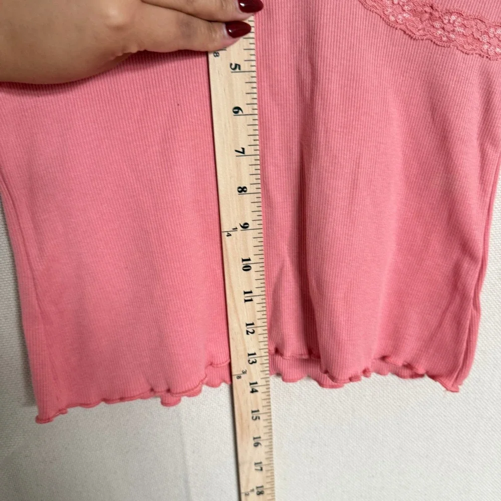 Full Tilt Girls Pink Ribbed Lace Trim V-Neck Short Sleeve Top Size XL NWT